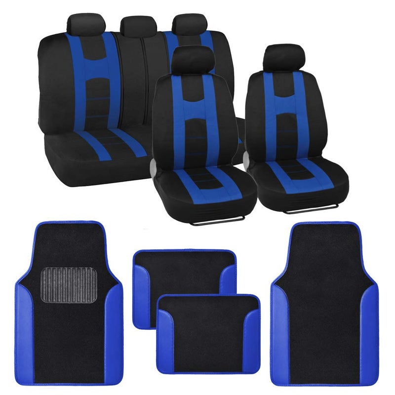 BDK carXS Forza Series Blue Seat Covers Full Set Combo with Car Floor Mats â€“ Front and Rear Bench Cover & Protector Set, Interior Covers for Auto Truck Van SUV - Image 1